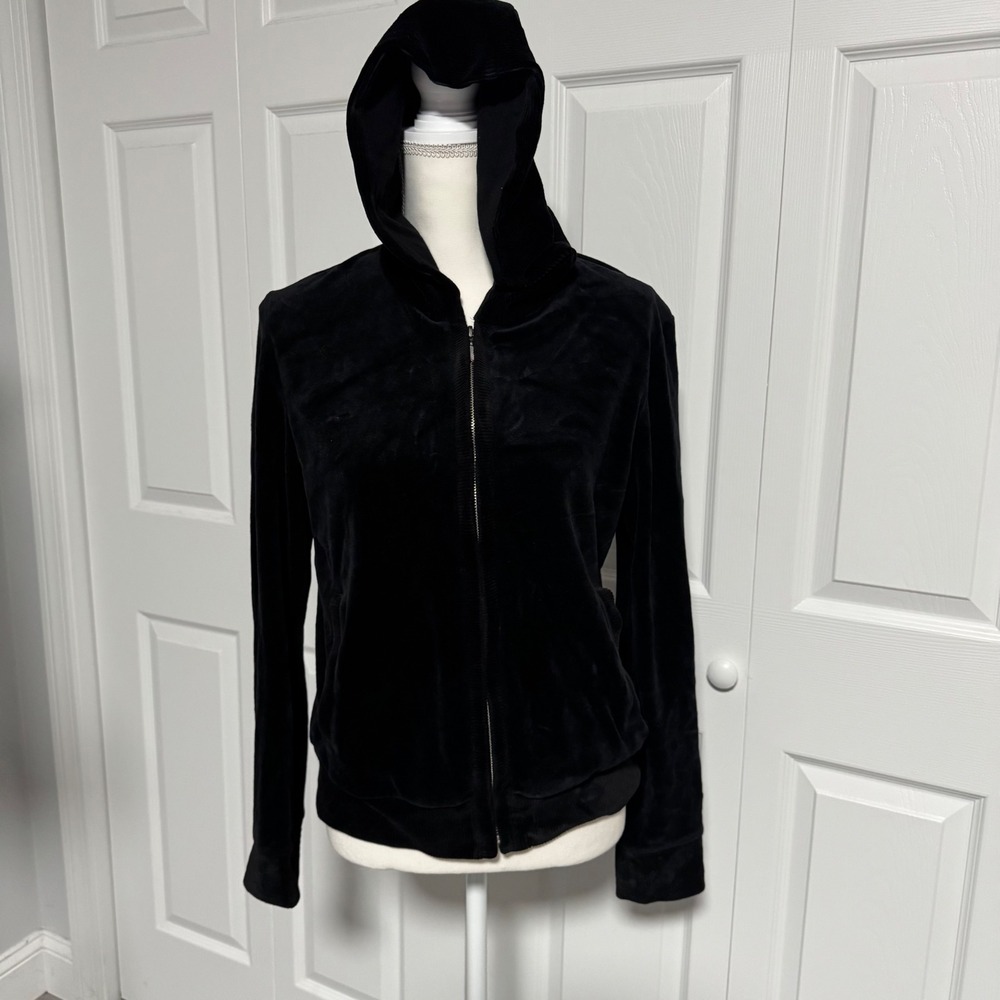Jones New York Sport Womens Black Velour Full Zip Hoodie Sweatshirt Large